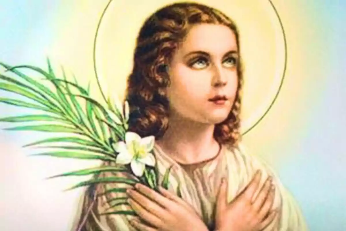 Joven con aureola mirando hacia arriba sosteniendo una palma y una flor blanca Joven con aureola mirando hacia arriba sosteniendo una palma y una flor blanca