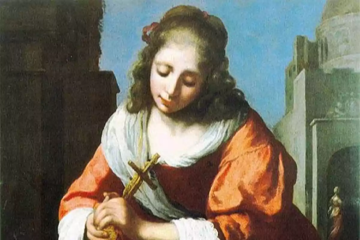 Joven con vestido rojo y blanco sostiene un crucifijo de madera mientras inclina la cabeza con expresión serena Joven con vestido rojo y blanco sostiene un crucifijo de madera mientras inclina la cabeza con expresión serena