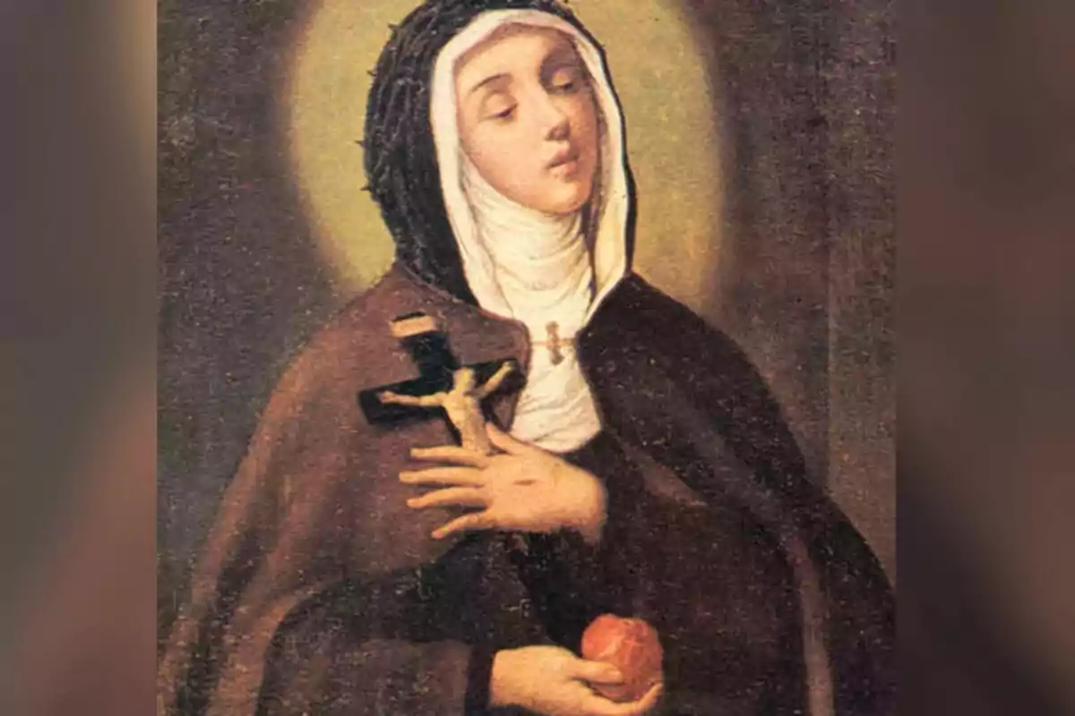 Pintura religiosa de una mujer vestida con hábito oscuro y velo blanco sosteniendo un crucifijo y una manzana