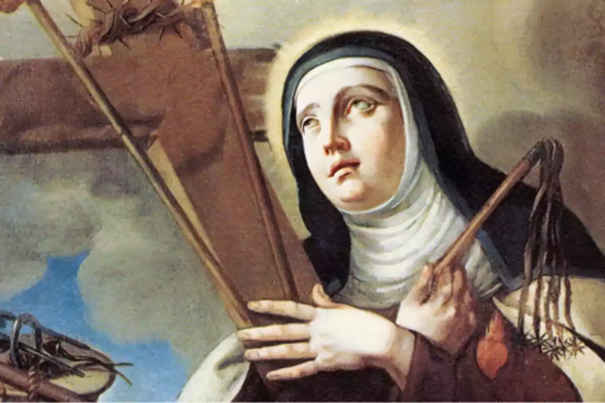 Pintura religiosa de una monja con hábito negro y blanco sosteniendo una cruz de madera y un flagelo, con una expresión de devoción y un halo luminoso alrededor de su cabeza Pintura religiosa de una monja con hábito negro y blanco sosteniendo una cruz de madera y un flagelo, con una expresión de devoción y un halo luminoso alrededor de su cabeza