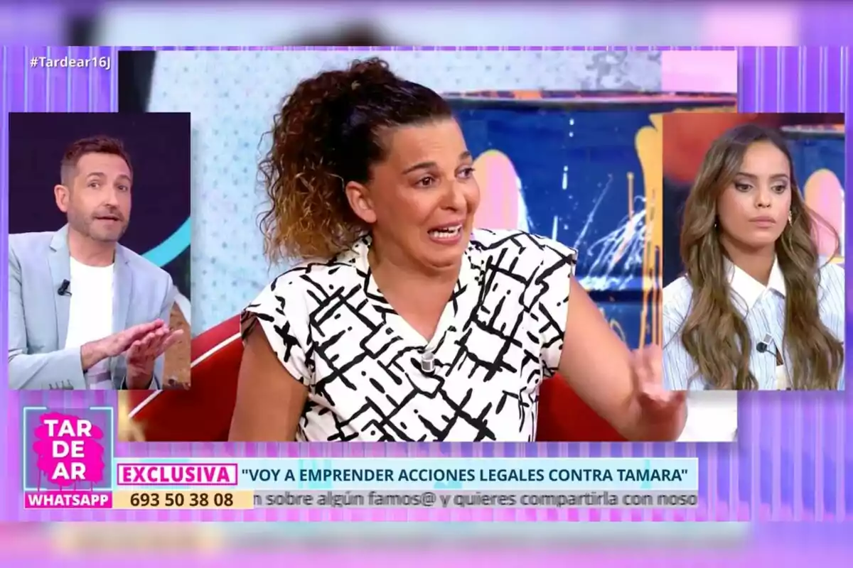 Frank Blanco, Tamara y Gloria Camila participan en un programa de televisión llamado TardeAR, una mujer en el centro habla con expresión seria mientras un hombre y otra mujer aparecen en recuadros a los lados, el texto en pantalla menciona acciones legales y un número de WhatsApp. Frank Blanco, Tamara y Gloria Camila participan en un programa de televisión llamado TardeAR, una mujer en el centro habla con expresión seria mientras un hombre y otra mujer aparecen en recuadros a los lados, el texto en pantalla menciona acciones legales y un número de WhatsApp.