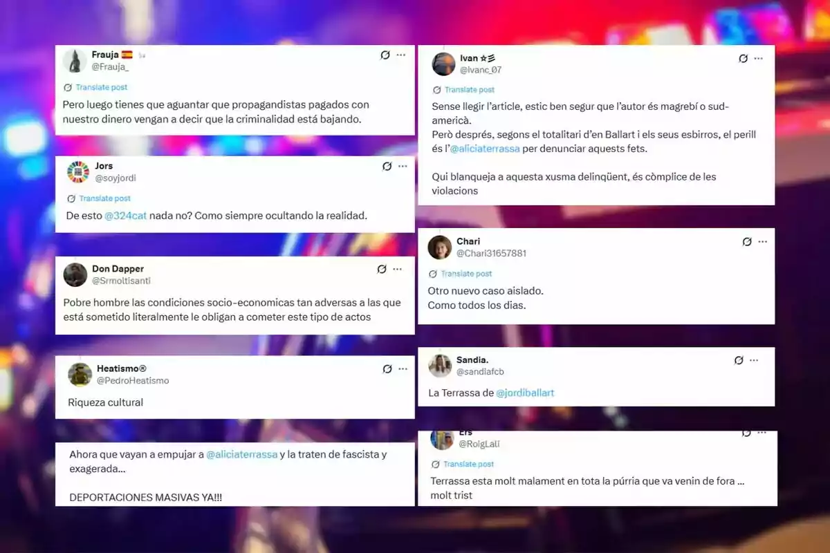 Captura de pantalla que muestra varios tuits con opiniones negativas sobre la criminalidad y la situación social en Terrassa, algunos en español y otros en catalán, con críticas hacia medios de comunicación, autoridades y comentarios sobre inmigración. Captura de pantalla que muestra varios tuits con opiniones negativas sobre la criminalidad y la situación social en Terrassa, algunos en español y otros en catalán, con críticas hacia medios de comunicación, autoridades y comentarios sobre inmigración.
