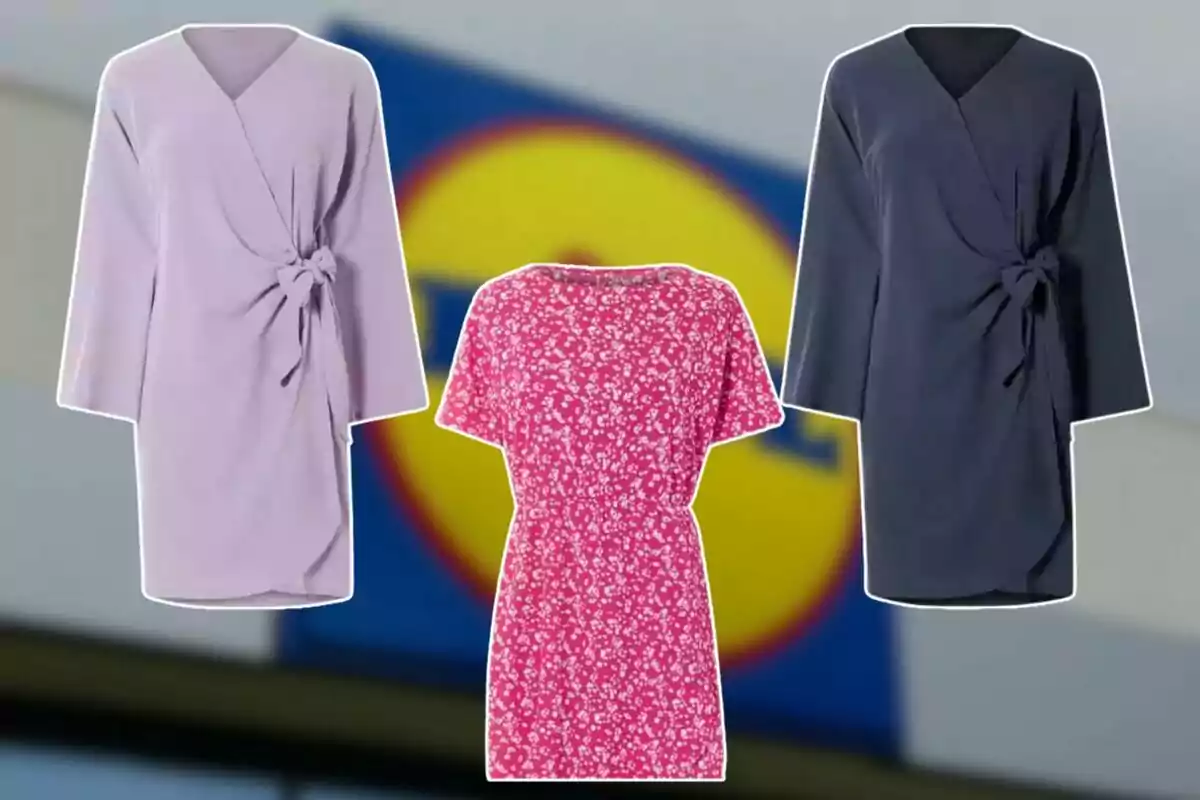 Tres vestidos de diferentes colores y estilos sobre un fondo desenfocado con el logotipo de Lidl. Tres vestidos de diferentes colores y estilos sobre un fondo desenfocado con el logotipo de Lidl.