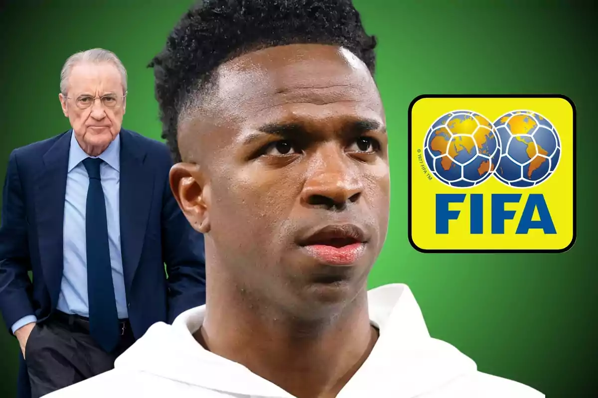 Un hombre joven en primer plano con expresión seria, al fondo un hombre mayor con traje y el logo de la FIFA sobre un fondo verde.