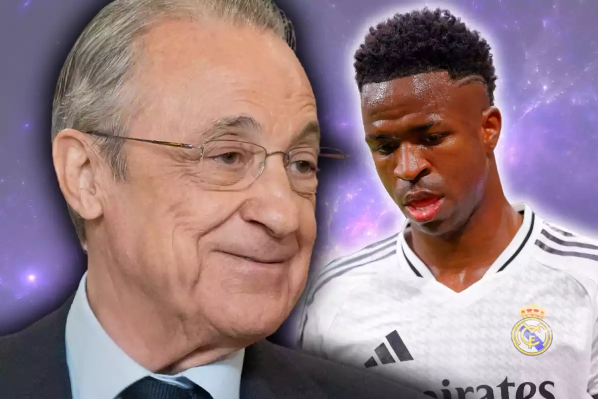 Hombre mayor con gafas sonriendo en primer plano y jugador de fútbol con camiseta blanca del Real Madrid al fondo sobre un fondo morado con destellos.