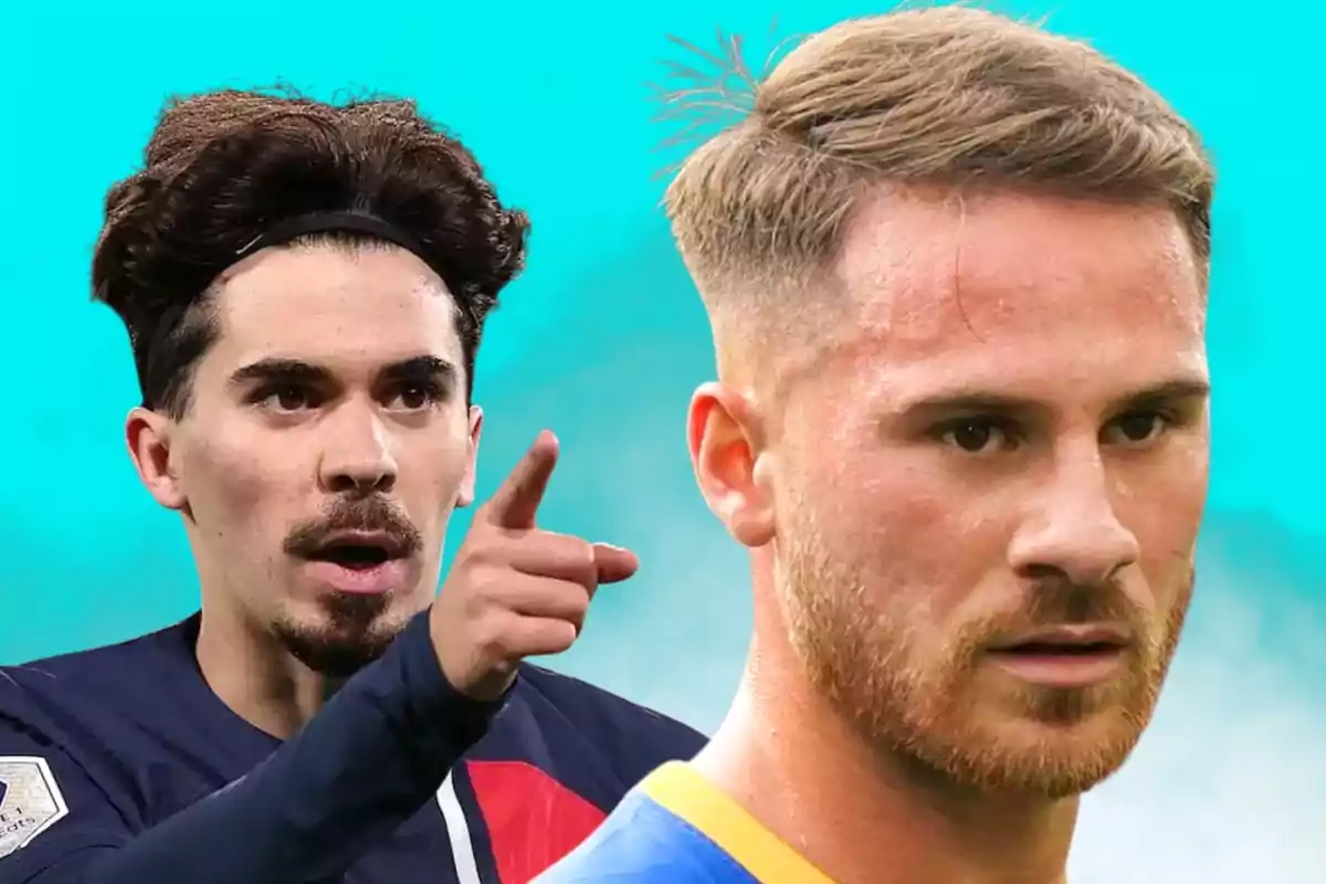 Dos futbolistas con expresiones serias y fondo azul turquesa