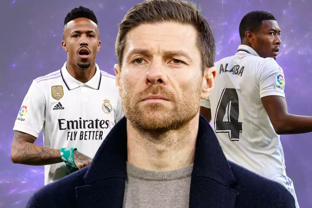 Tres personas relacionadas con el fútbol, una en primer plano con expresión seria y dos jugadores del Real Madrid al fondo con uniforme blanco sobre un fondo púrpura.
