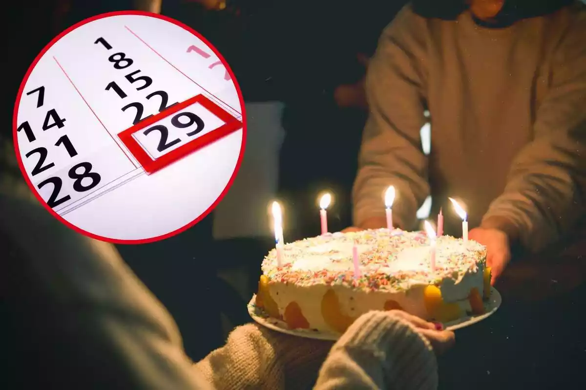 Imagen de fondo de dos personas sujetando una tarta con velas, y otra imagen de un calendario de febrero con el 29 marcado en rojo