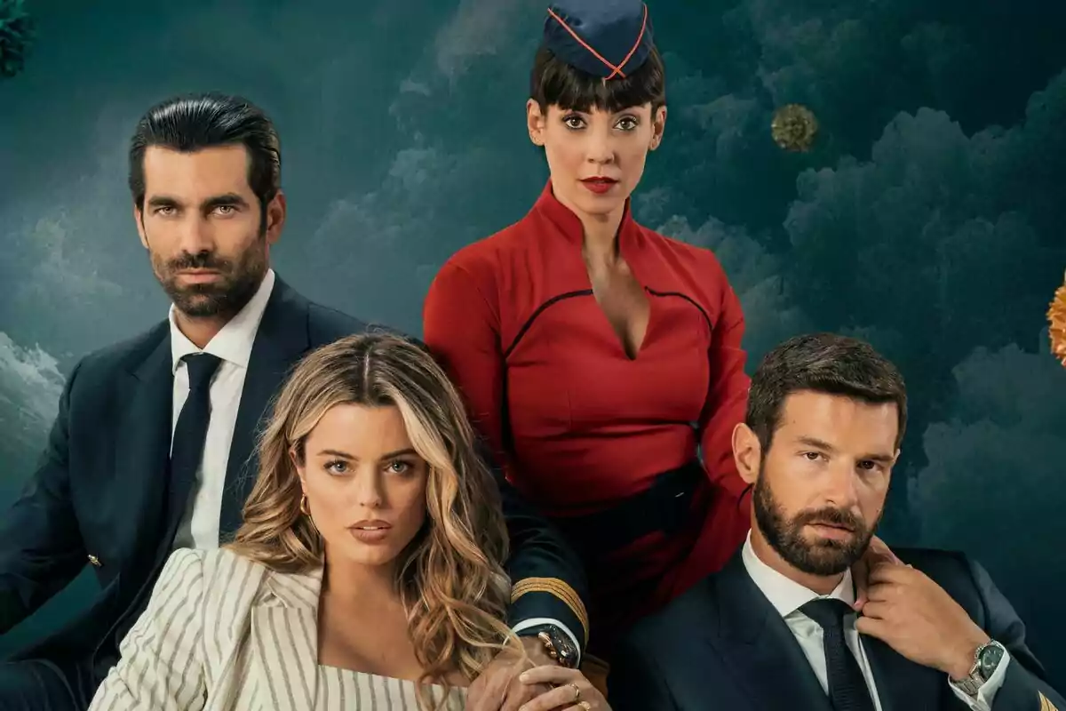 Cartel de la serie ¿A qué estás esperando? con Adriana Torrebejano, Ruben Cortada, Eva Ugarte y Francisco Ortiz posando, dos hombres y una mujer en trajes formales y una mujer con uniforme rojo de azafata, con un fondo oscuro y nubes.