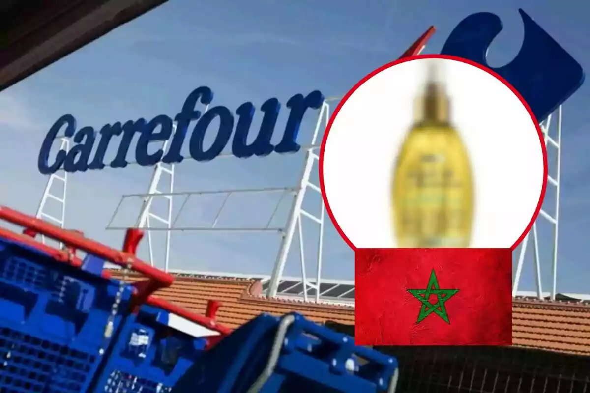 Fachada de un supermercado Carrefour con un carrito de compras en primer plano y una imagen borrosa de un producto en un círculo rojo sobre la bandera de Marruecos.