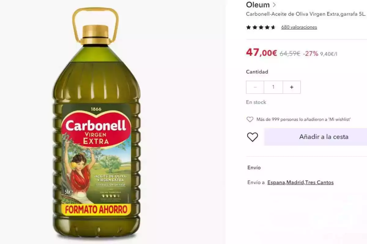 Imagen de la botella de aceite virgen extra de 5 litros de la marca Carbonell en la página de venta de Miravia Imagen de la botella de aceite virgen extra de 5 litros de la marca Carbonell en la página de venta de Miravia