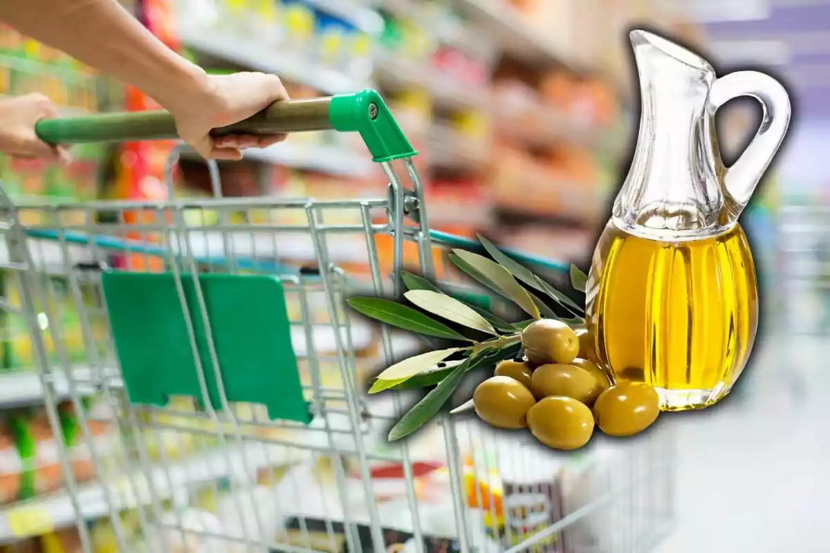 Persona empujando un carrito de compras en un supermercado con una imagen superpuesta de una jarra de aceite de oliva y aceitunas.