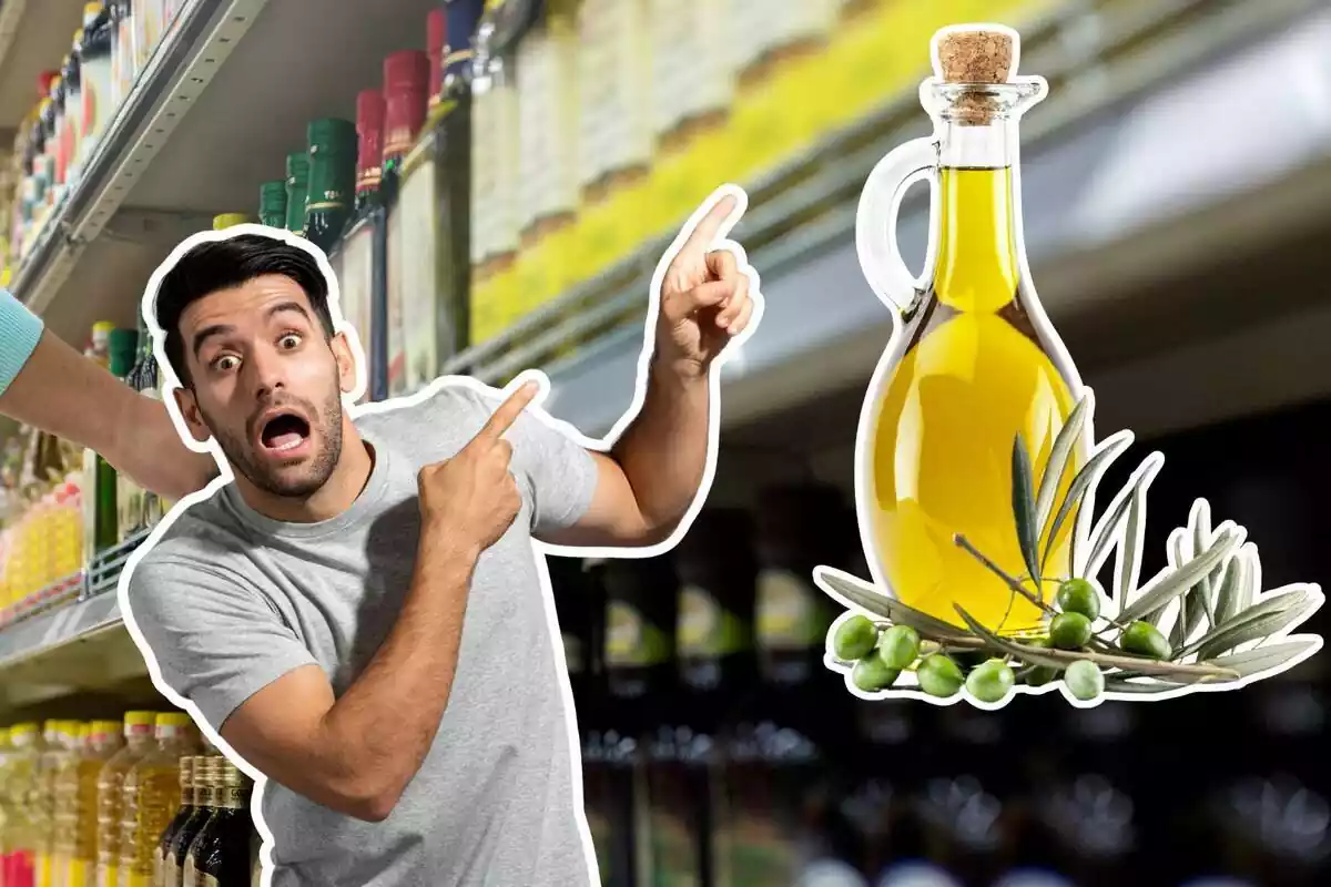 Persona asustada señalando aceite de oliva