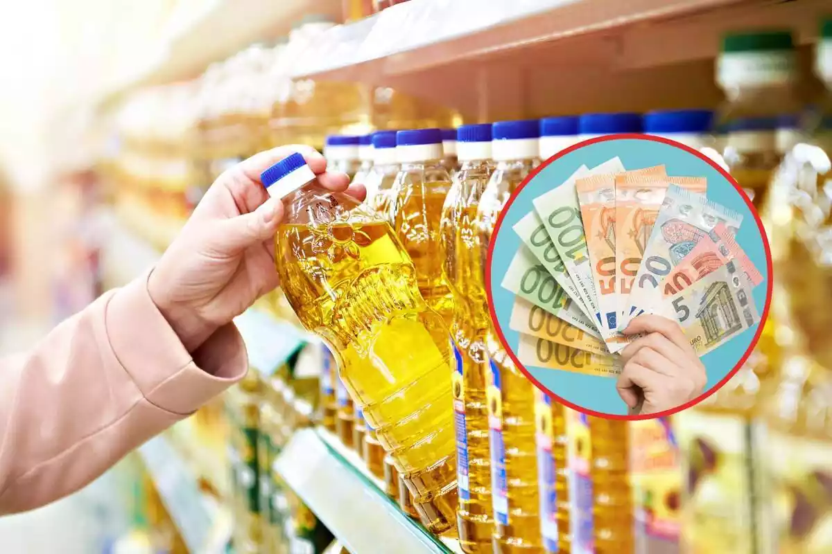 Montaje con botellas de aceite del supermercado y billetes de euro