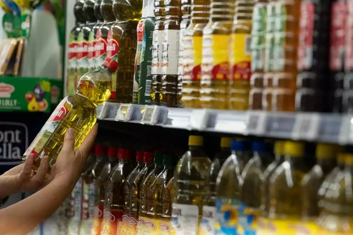 Una persona sostiene una botella de aceite mientras observa una estantería llena de diferentes marcas de aceite en un supermercado.