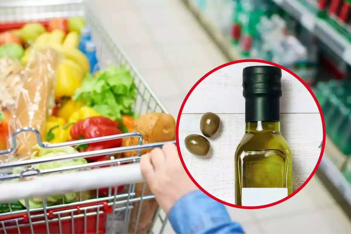 Cuello de botella de aceite de oliva en círculo rojo sobre fondo de carro de la compra de cerca en un supermercado