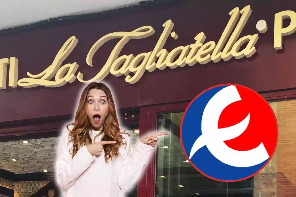 Mujer señalando el logo de Eroski y fondo del restaurante La Tagliatella