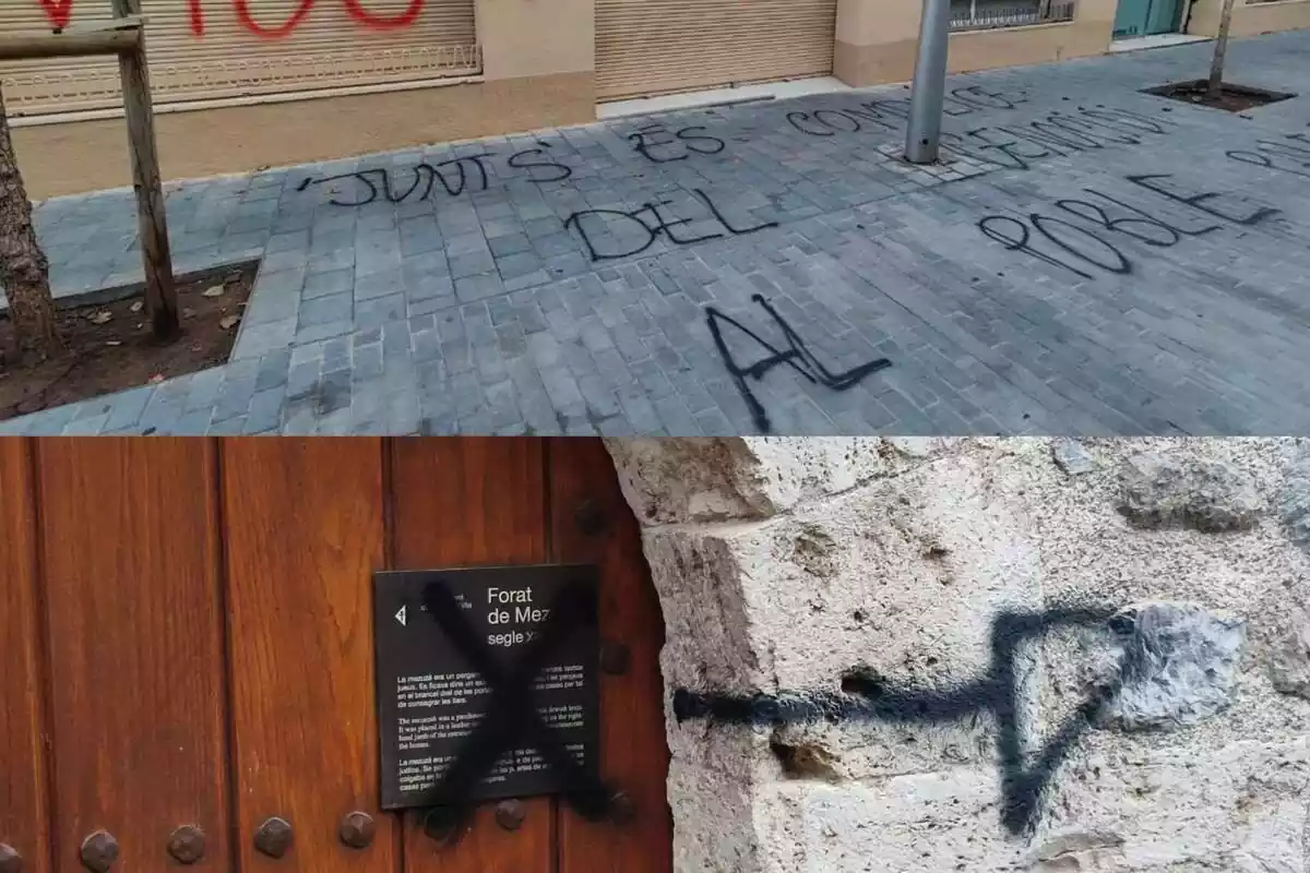 Montaje con dos actos vandalicos antiisraelíes en Cataluña: arriba, una pintada de "Junts es complice del genocidio al pueblo palestino" en la sede de Junts. Y abajo una pintada con una cruz en una puerta de los restos históricos del 'call' judío de Besalú