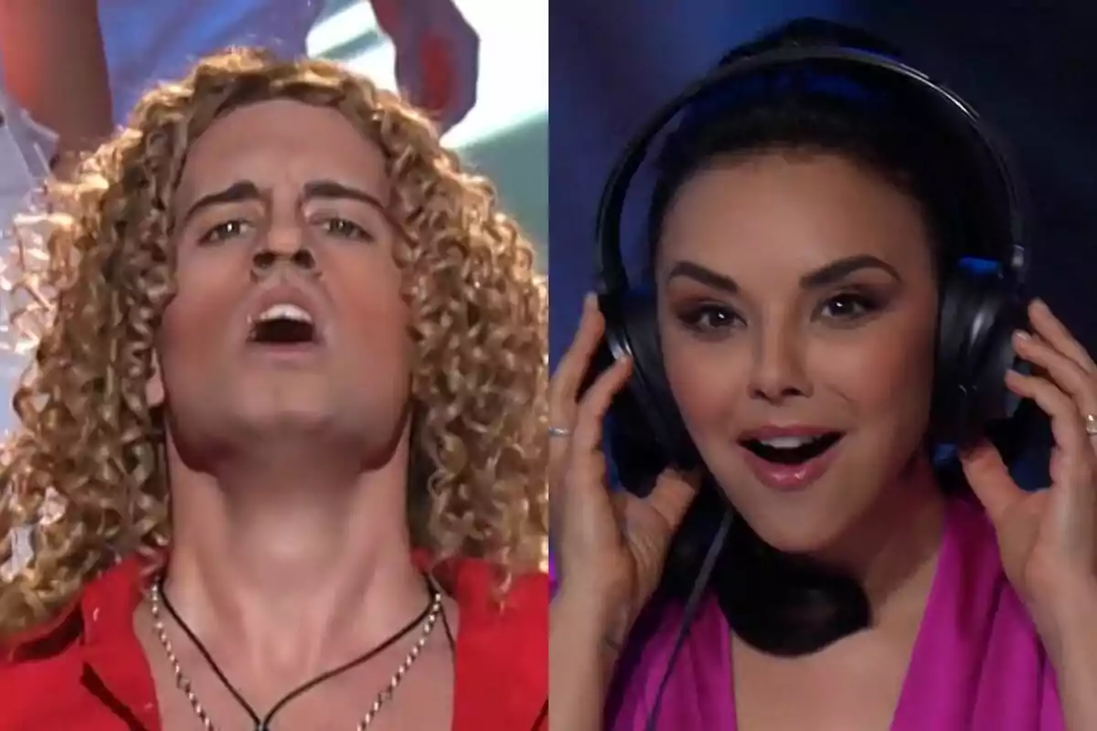 Dos personas en un escenario de Tu Cara Me Suena, Mikel Hergoz JR con cabello rizado y expresión intensa imitando a David Bisbal, y Chenoa con auriculares y expresión de sorpresa.
