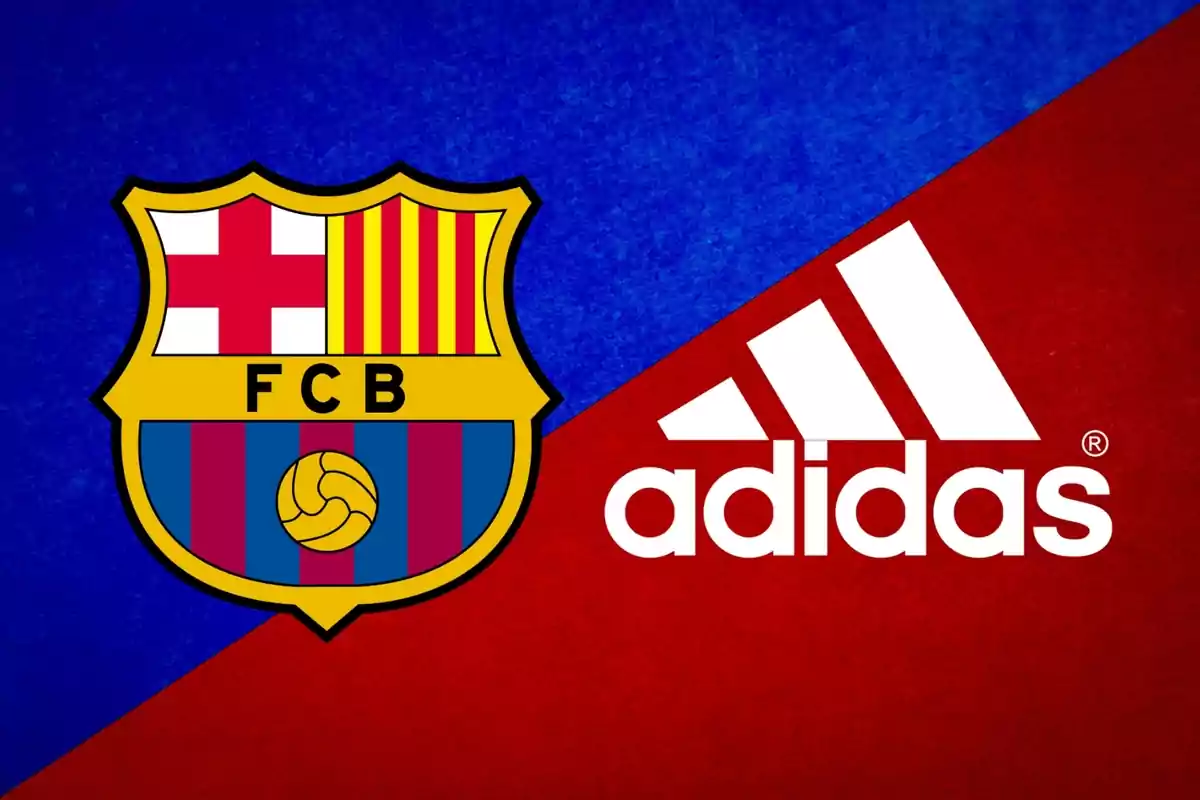 Escudo del FC Barcelona a la izquierda y logo de Adidas a la derecha sobre un fondo dividido en azul y rojo.