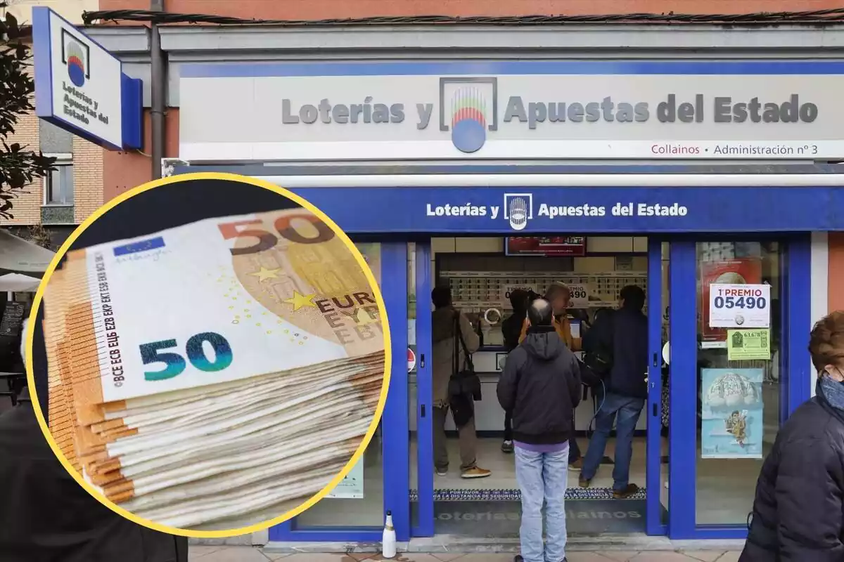 Montaje con una administración de Loterías y Apuestas del Estado y un círculo con varios billetes de 50 euros amontonados