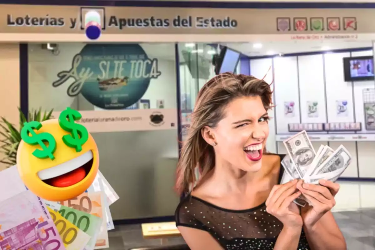 Una mujer sonriente guiñando un ojo sostiene billetes en la mano frente a una oficina de loterías y apuestas del estado, con un emoji de cara feliz con signos de dólar en los ojos y varios billetes de euro en la esquina inferior izquierda.