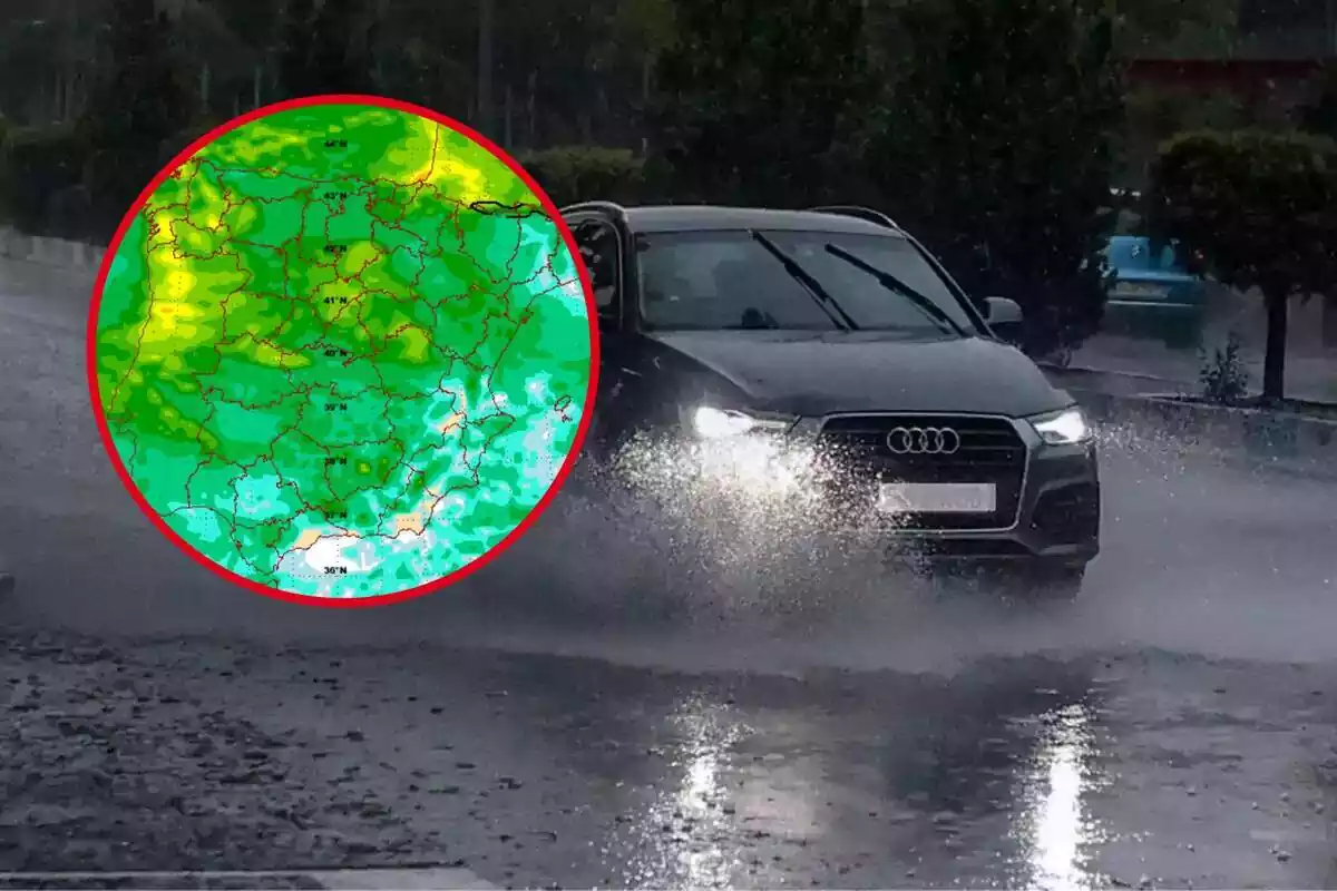 Montaje fotográfico entre un mapa de la AEMET y un coche conduciendo con lluvia