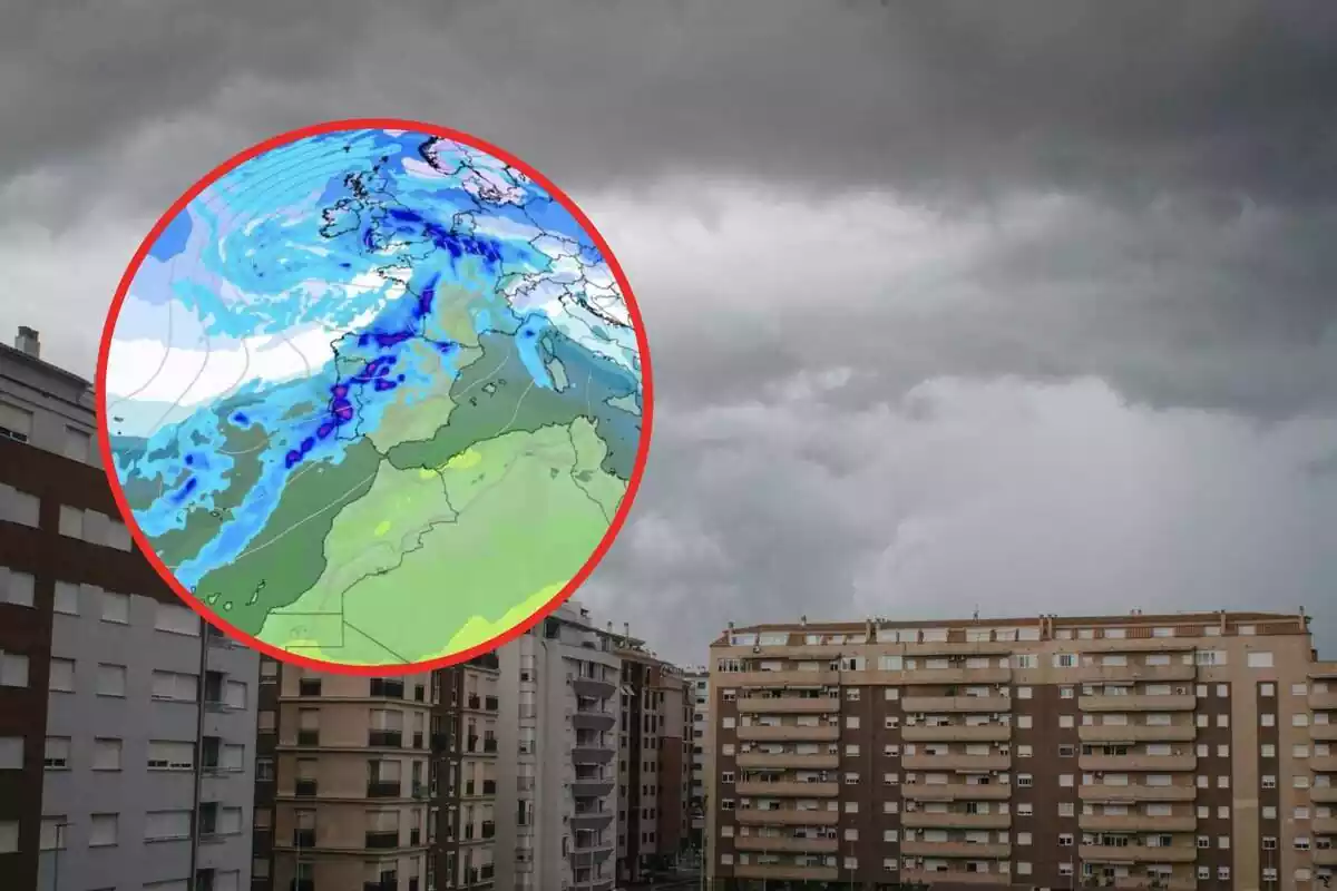 Montaje con un mapa del tiempo y un cielo cubierto de nubes de lluvia