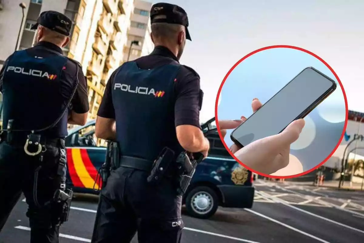 Dos agentes de la Policía Nacional en la calle y un círculo con un teléfono móvil