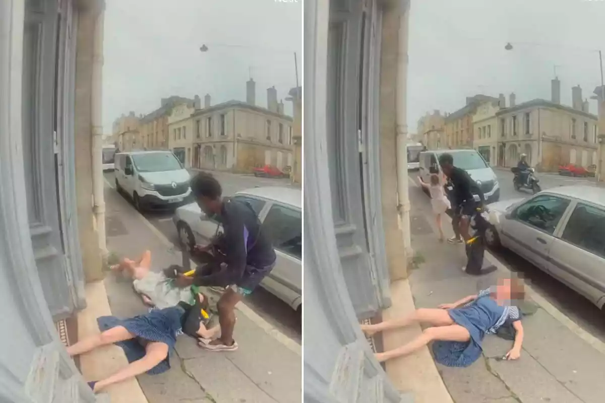 Montaje con capturas de vídeo donde se ve a un hombre negro atacando a una madre y a su hija en Francia