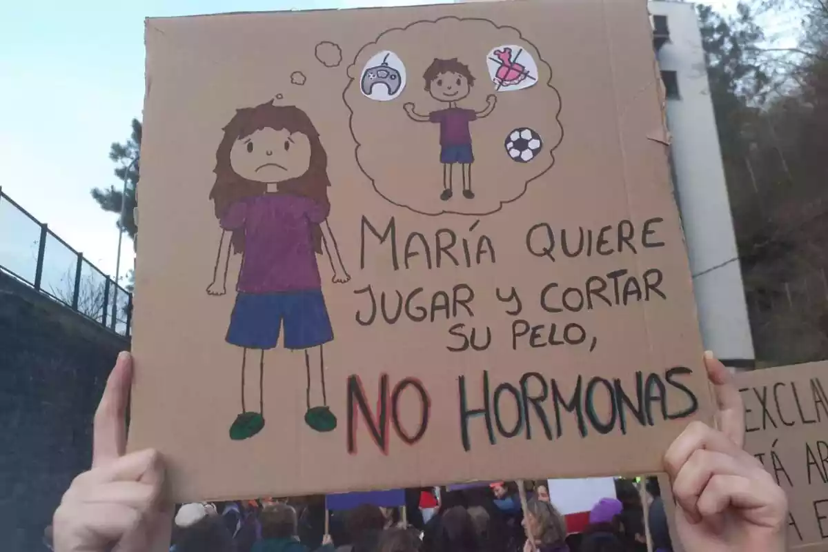 Unas manos sujetan un cartel con la frase "María quiere jugar y cortar su pelo, no hormonas" en una manifestación contra la Ley Trans
