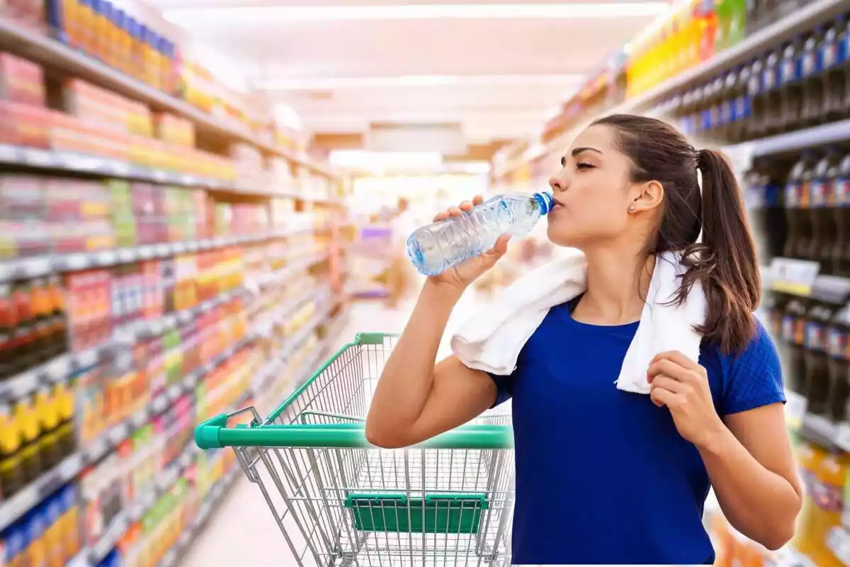 Mujer bebiendo una botella de agua y el pasillo de un supermercado
