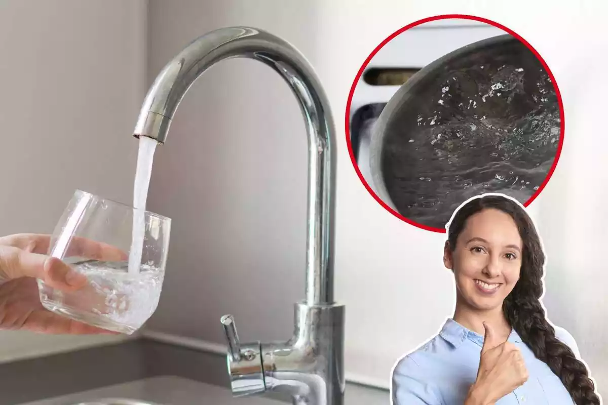 Imagen de fondo de un gripo con agua saliendo y un vaso debajo, y otra imagen con una olla con agua dentro y una mujer con gesto de aprobación