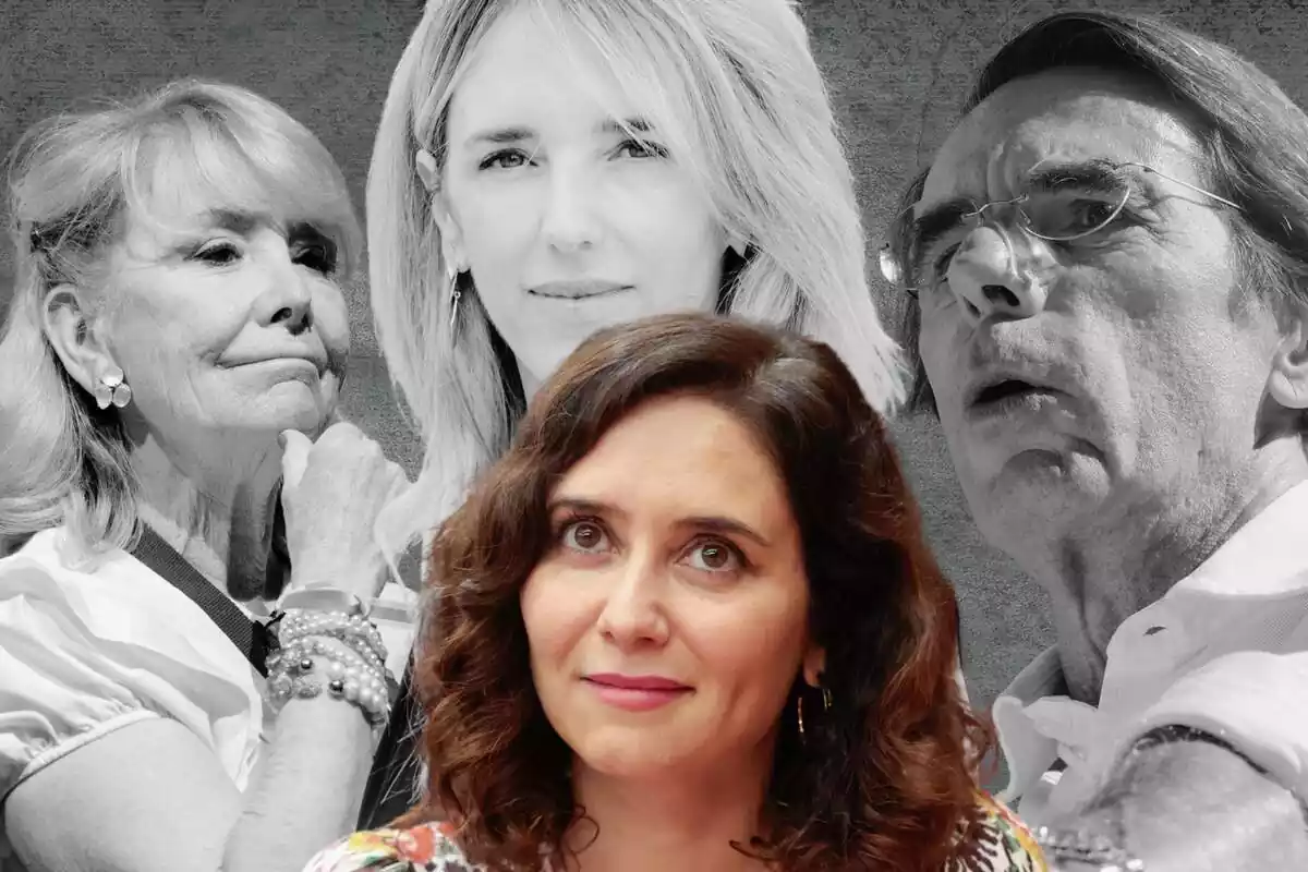 Montaje con Isabel Díaz Ayuso en primer plano acompañada con las imágenes en blanco y negro de Esperanza Aguirre, Cayetana Álvarez de Toledo y Jose María Aznar Montaje con Isabel Díaz Ayuso en primer plano acompañada con las imágenes en blanco y negro de Esperanza Aguirre, Cayetana Álvarez de Toledo y Jose María Aznar