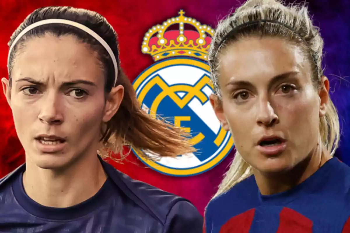 Dos jugadoras de fútbol con el escudo del Real Madrid de fondo.