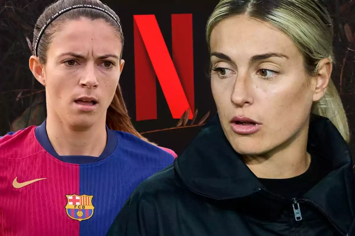 Dos mujeres, una con camiseta del FC Barcelona y otra con chaqueta negra, con el logo de Netflix de fondo.