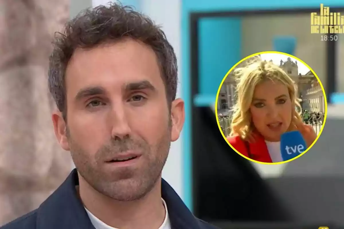 Aitor Albizua con barba y cabello rizado aparece en primer plano mientras en la esquina superior derecha hay un recuadro amarillo con Martai Riesco rubia sosteniendo un micrófono de TVE en La Familia de la Tele.