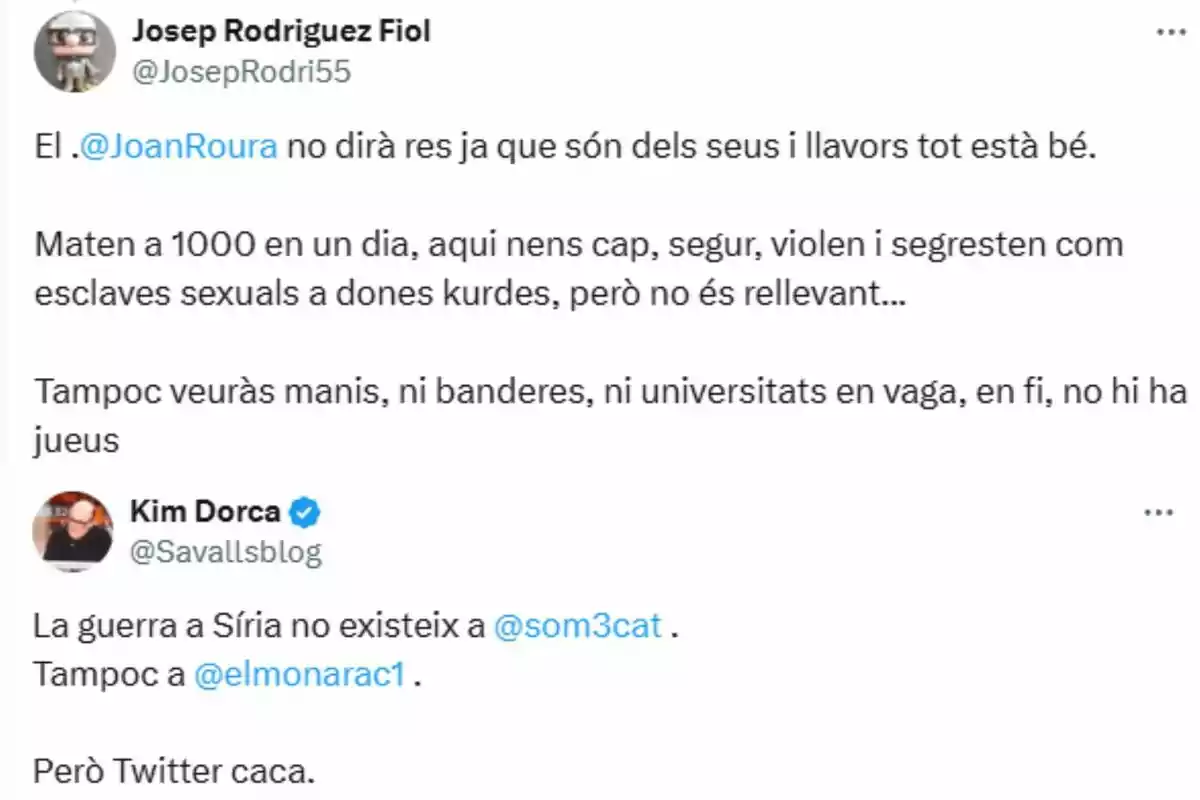 Josep Rodriguez Fiol critica la falta de atención mediática hacia ciertos conflictos, mencionando la violencia contra mujeres kurdas y la ausencia de protestas. Kim Dorca comenta sobre la invisibilidad de la guerra en Siria en algunos medios. Josep Rodriguez Fiol critica la falta de atención mediática hacia ciertos conflictos, mencionando la violencia contra mujeres kurdas y la ausencia de protestas. Kim Dorca comenta sobre la invisibilidad de la guerra en Siria en algunos medios.