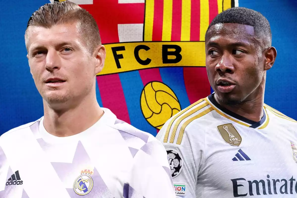 Toni Kroos y David Alaba sobre un fondo con una bandera del FC Barcelona