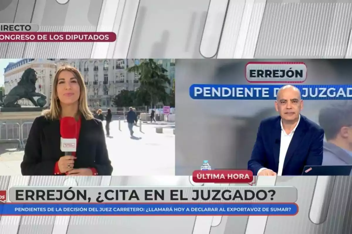 En la imagen se muestra una transmisión en vivo desde el Congreso de los Diputados con Alba Sánchez en el lugar y Nacho Abad en el plató de En Boca de Todos discutiendo sobre un tema judicial relacionado con Errejón.