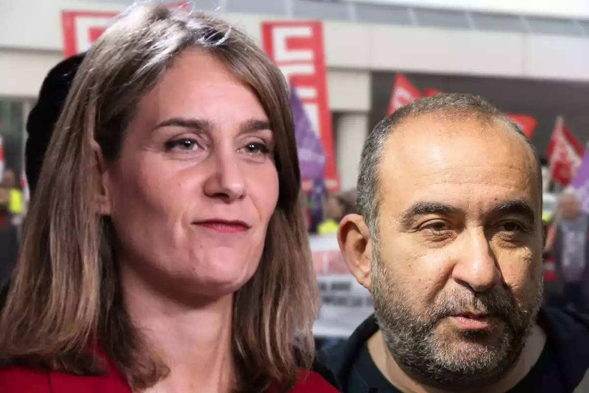 Montaje con un primer plano de Jessica Albiach y otro de Javier Pacheco de CCOO, de fondo una imagen difuminada de una manifestación de CCOO