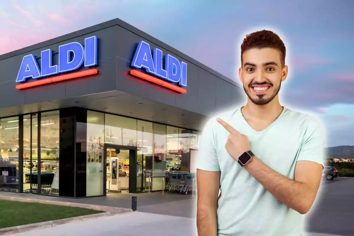 Un hombre sonriente señalando una tienda de Aldi.