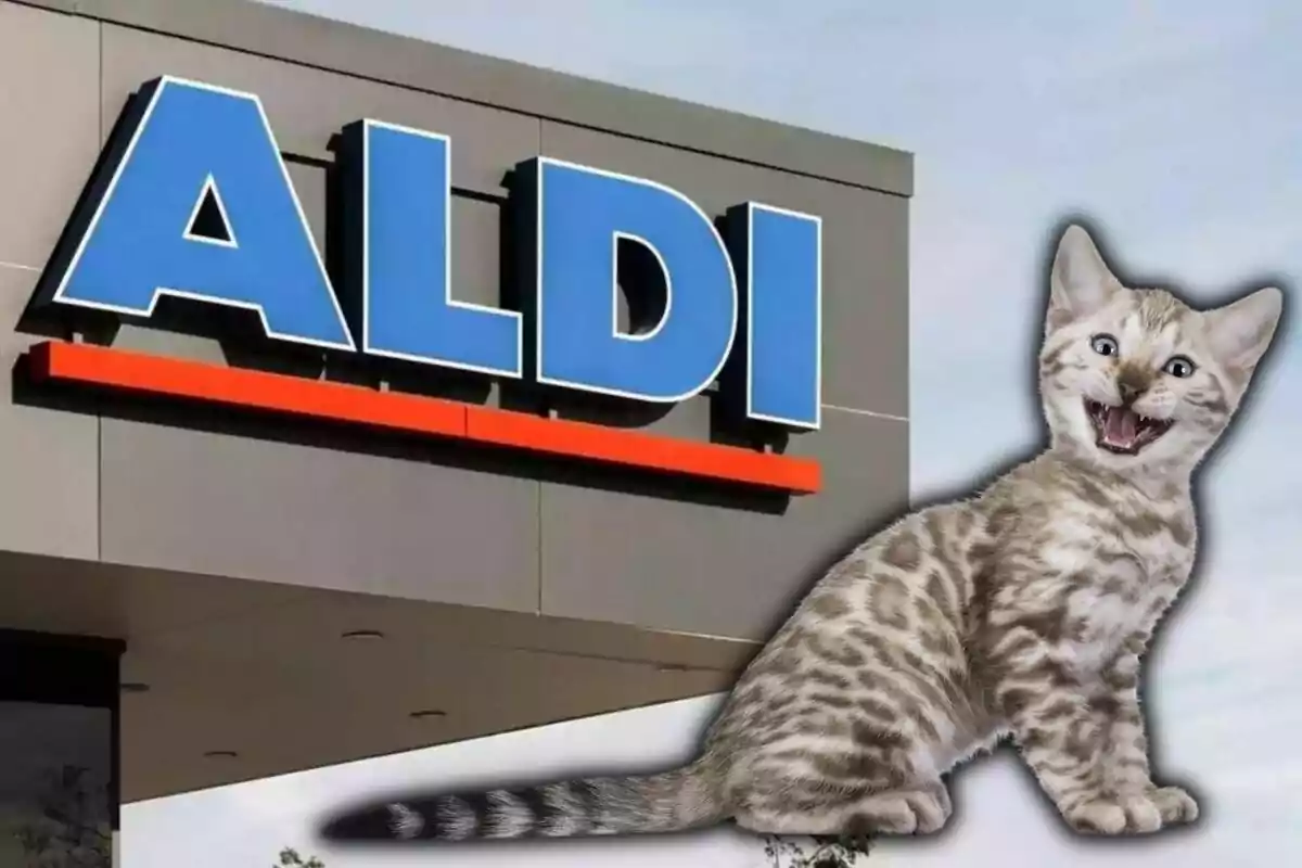 Un letrero de ALDI con un gato sonriente en primer plano.