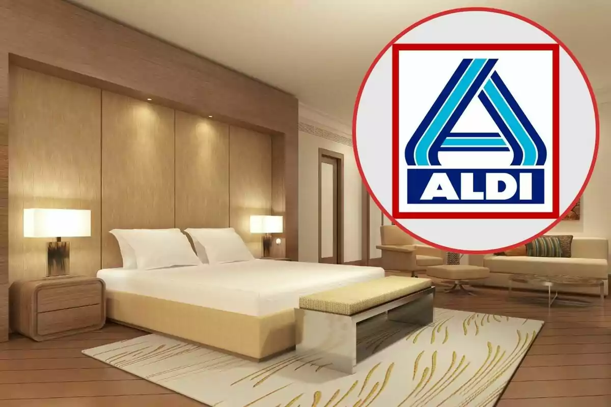 Habitación de hotel moderna con cama grande y logotipo de Aldi en la esquina superior derecha.