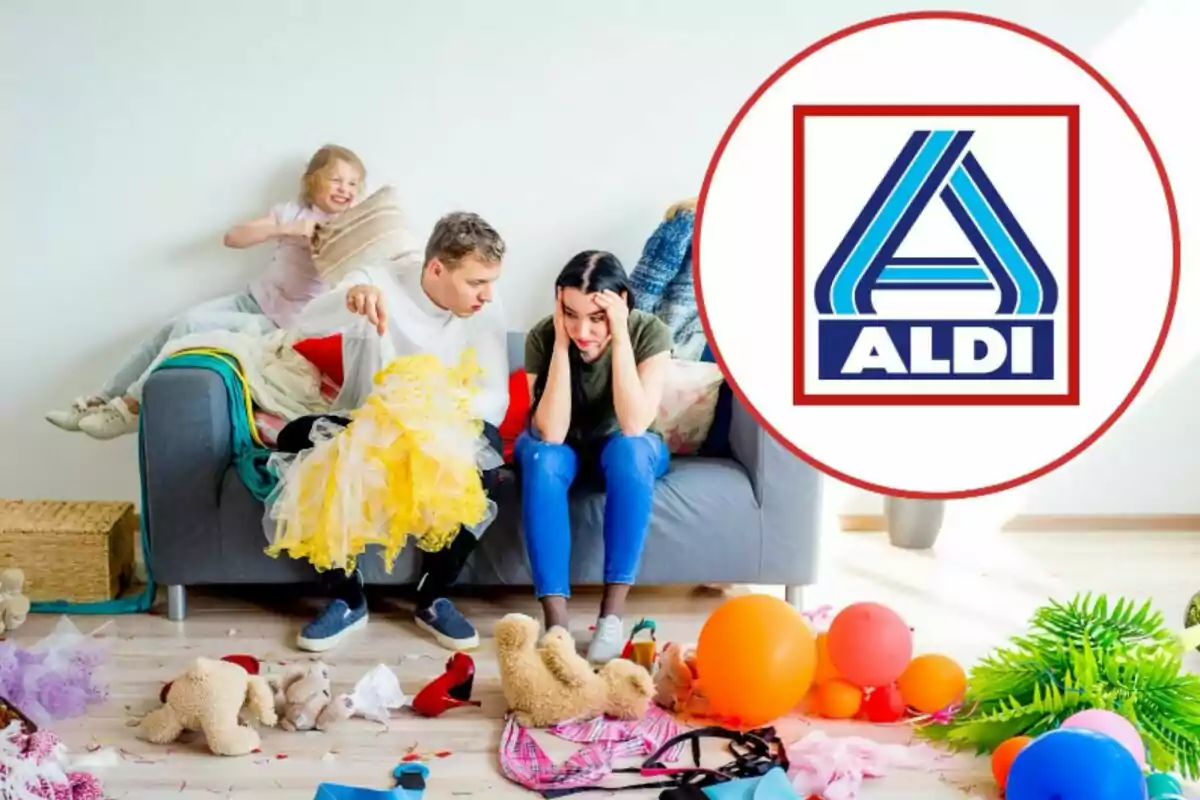 Familia en una sala desordenada con juguetes y globos, con el logotipo de Aldi en la esquina derecha.