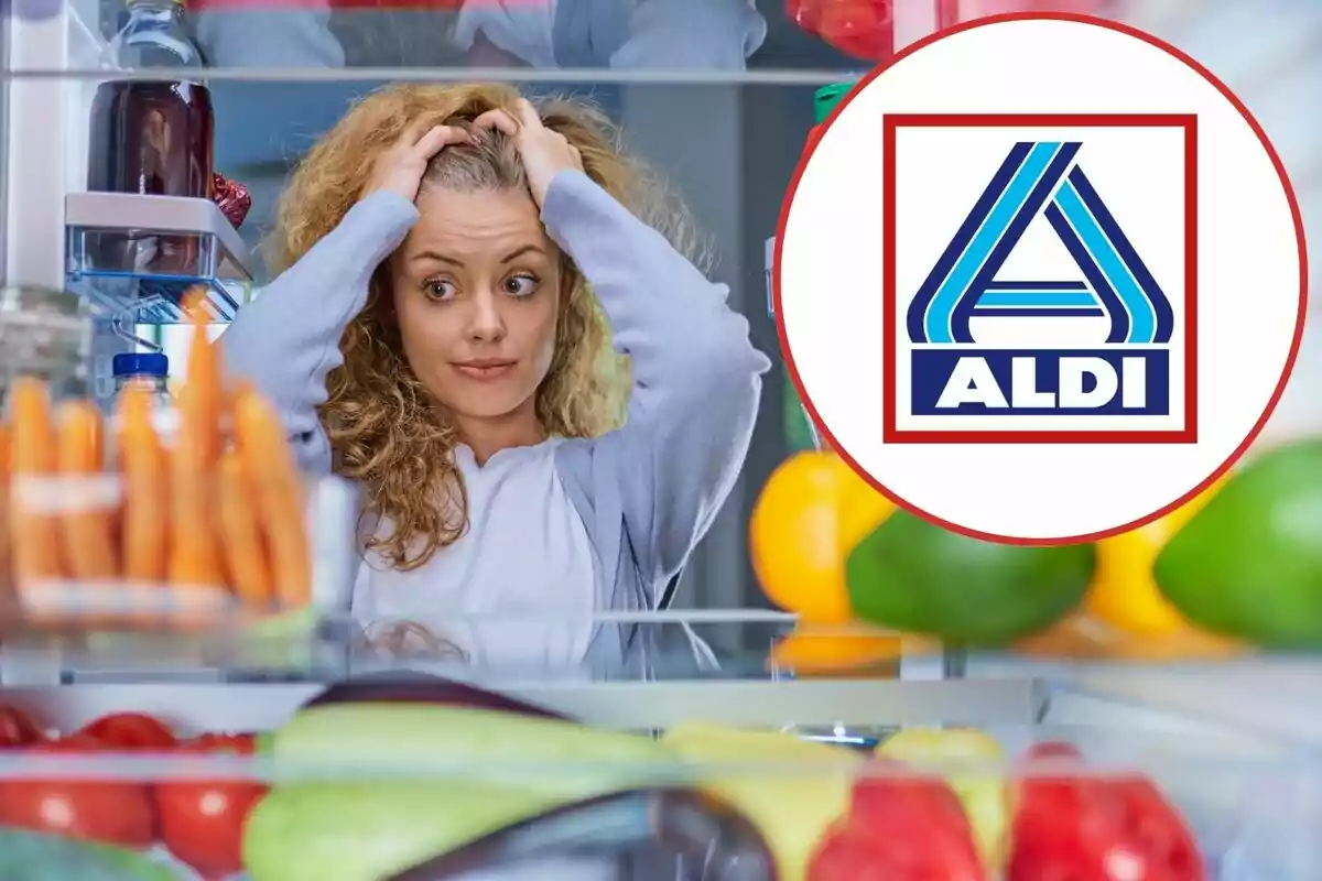 Una mujer con expresión de preocupación mira dentro de un refrigerador lleno de alimentos, mientras el logotipo de Aldi aparece en un círculo a la derecha de la imagen.