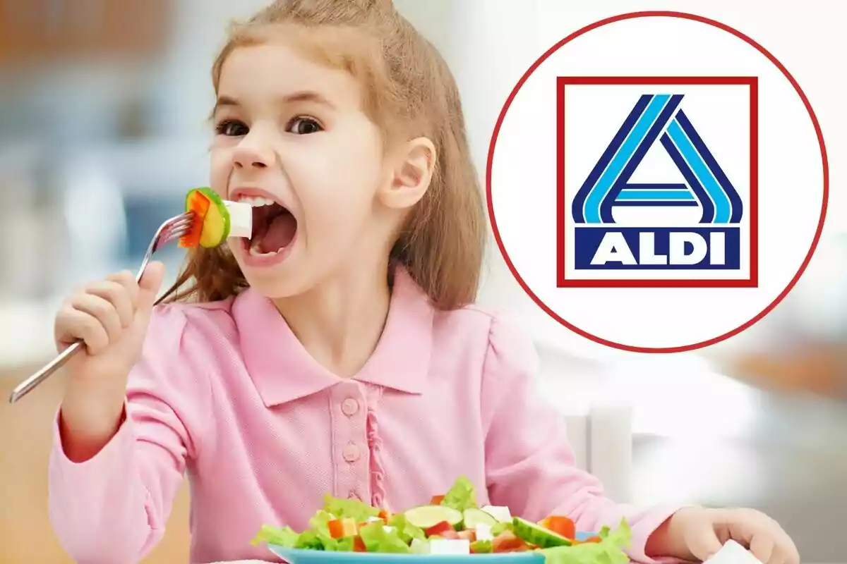 Niña comiendo ensalada con un logo de Aldi al lado.