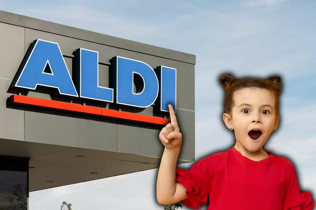 Niña sorprendida señalando el letrero de una tienda Aldi.