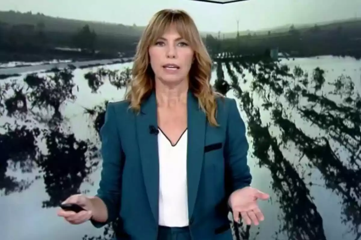 Alejandra Herranz con traje azul hablando frente a un fondo de campo inundado en el Telediario.