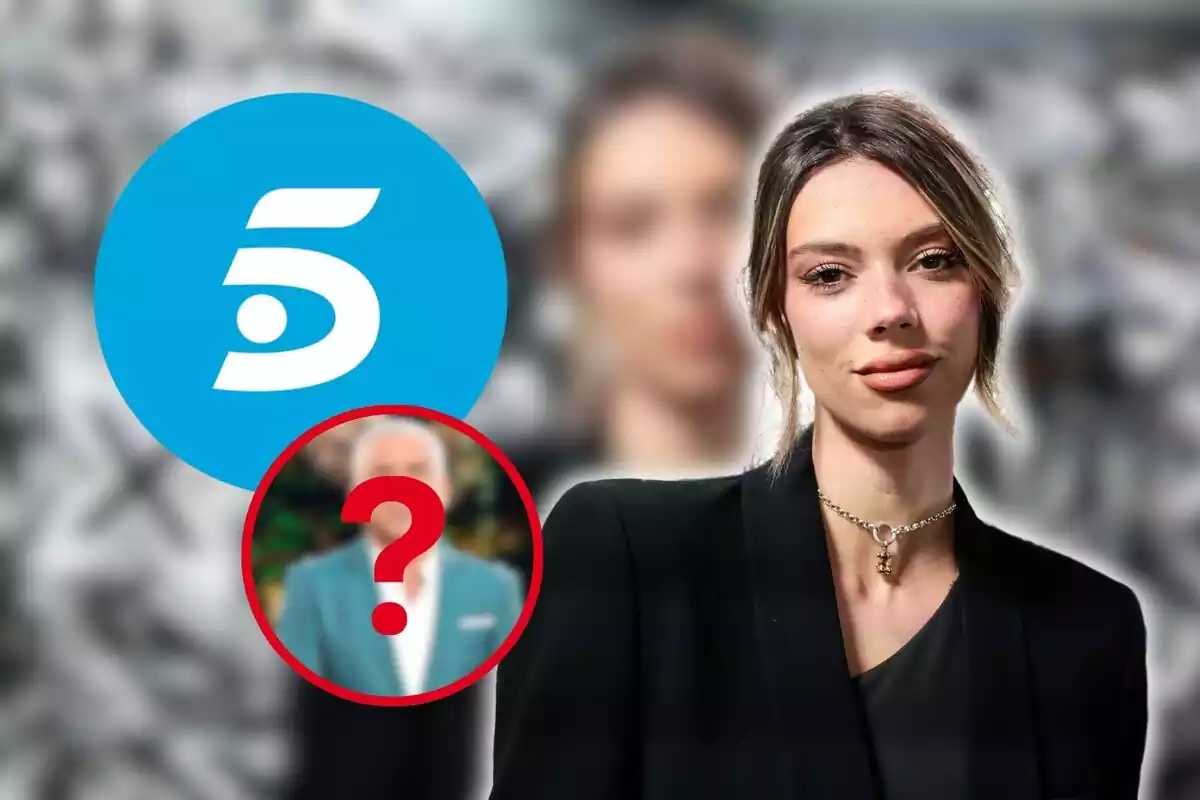 Alejandra Rubio en primer plano con una foto desenfocada de Jorge Javier y el logo de Telecinco